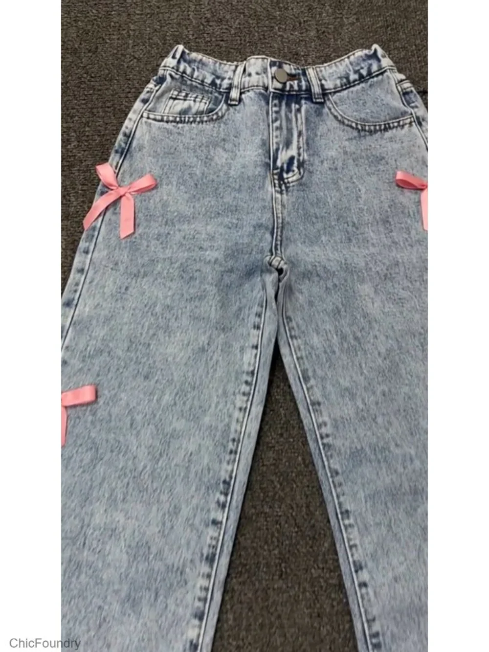 Girls Baggy Wide Leg Bow Jeans High Elastic Waist Y2K Streetwear Denim Pants